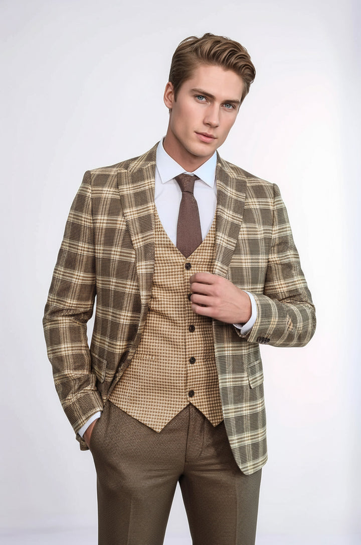 Slim Fit Patterned Checked Light Brown Men Suit - Wessi