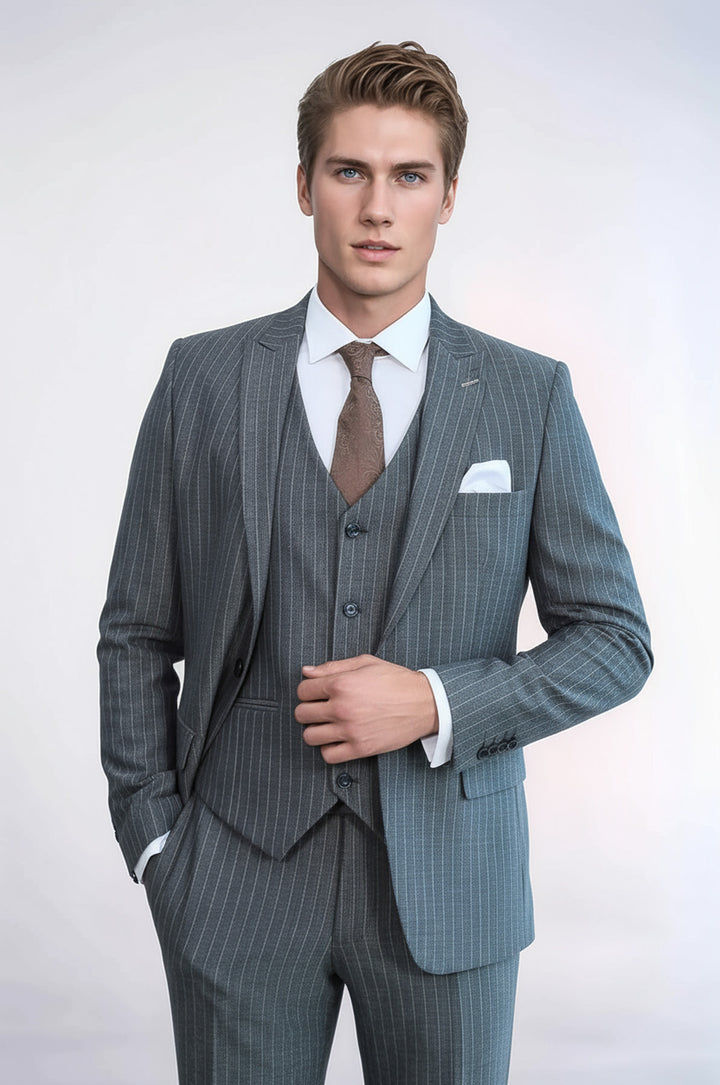 Striped Slim Fit Antracite Men Suit - Wessi