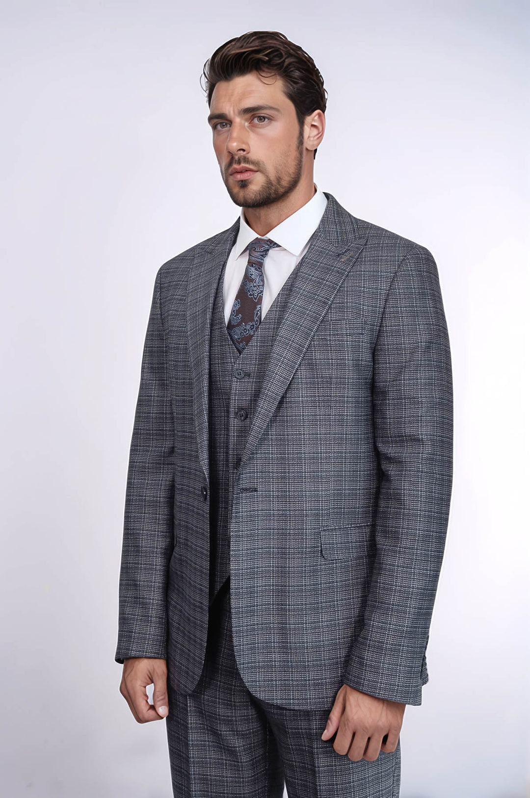 Traje azul marino ajustado con estampado y chaleco para hombre - Wessi
