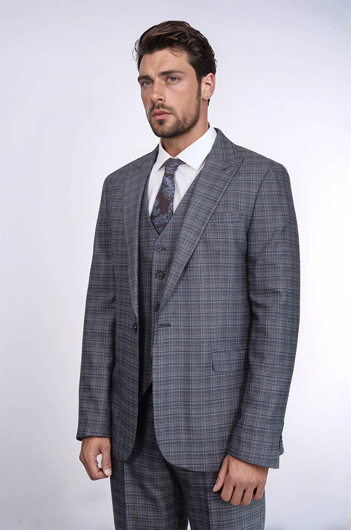 Traje azul marino ajustado con estampado y chaleco para hombre - Wessi