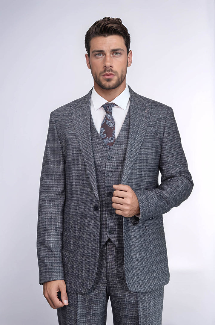 Traje azul marino ajustado con estampado y chaleco para hombre - Wessi