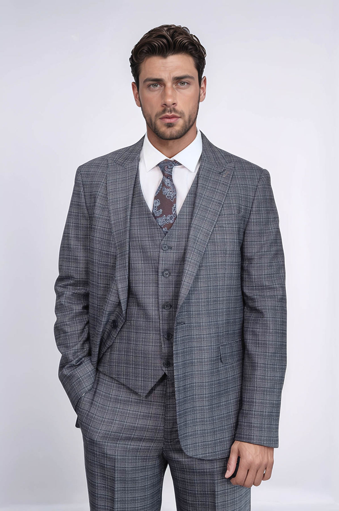 Traje azul marino ajustado con estampado y chaleco para hombre - Wessi
