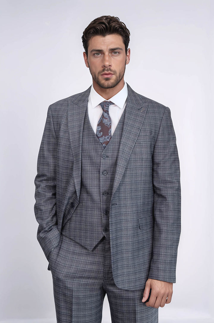 Traje azul marino ajustado con estampado y chaleco para hombre - Wessi