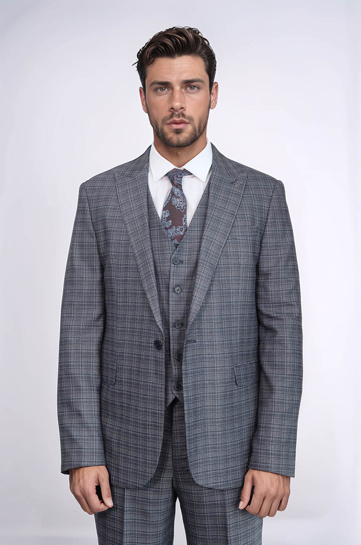 Traje azul marino ajustado con estampado y chaleco para hombre - Wessi