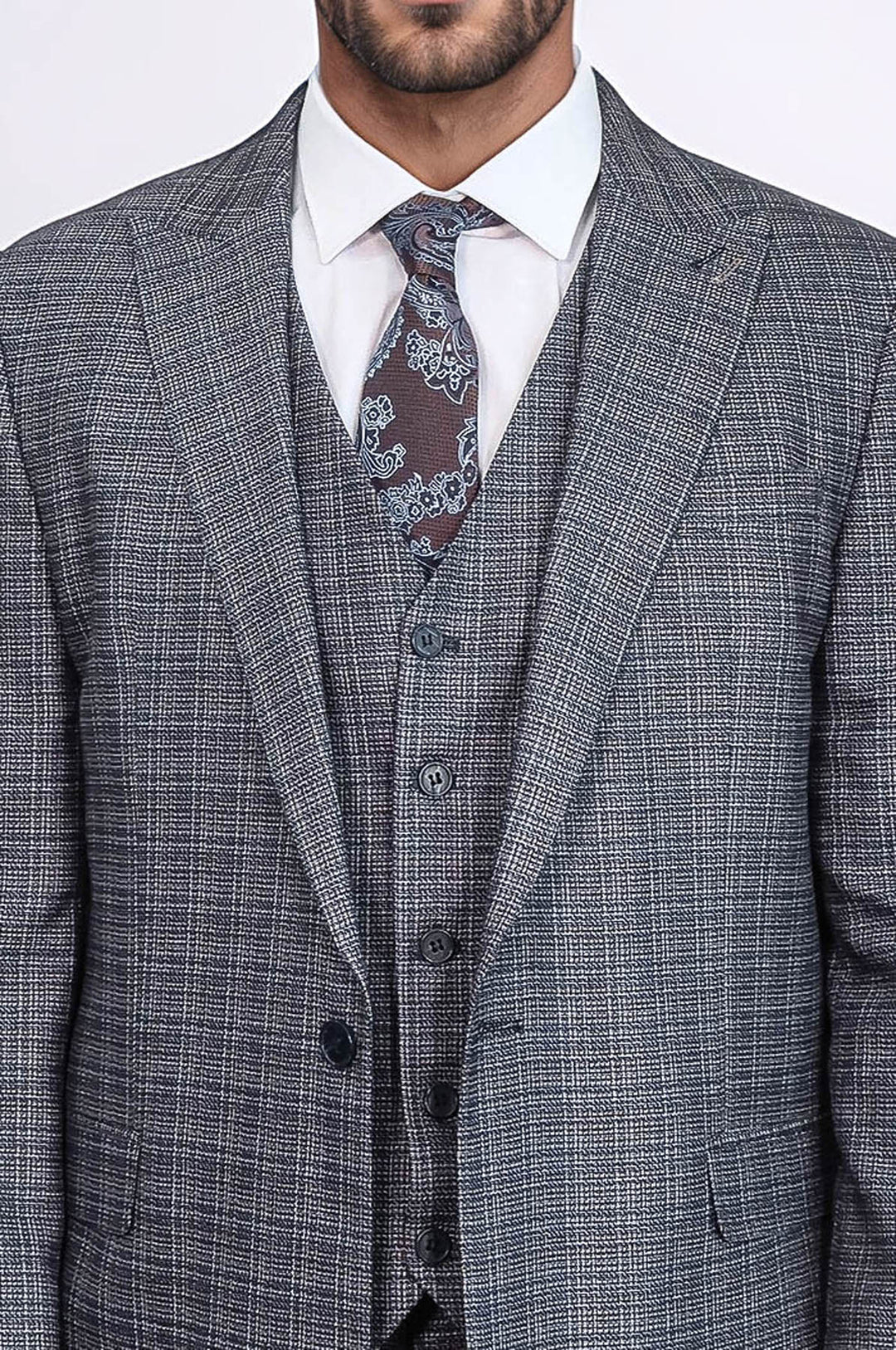 Traje azul marino ajustado con estampado y chaleco para hombre - Wessi