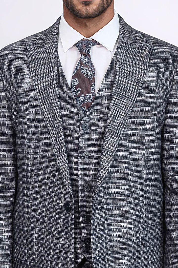 Traje azul marino ajustado con estampado y chaleco para hombre - Wessi