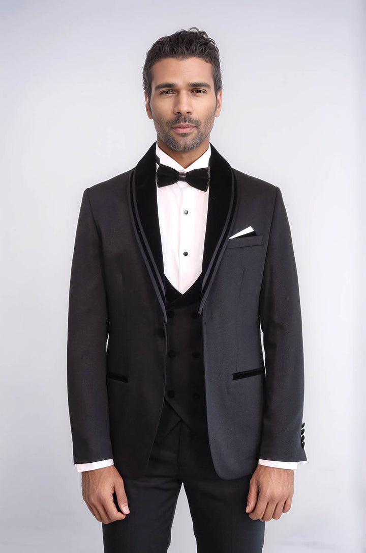 Esmoquin negro de tres piezas con cuello chal y estampado del mismo color para hombre - Wessi