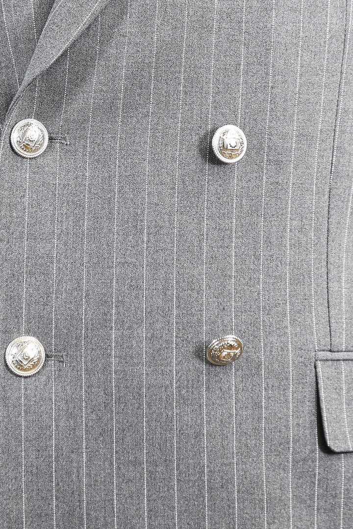 Pinstripe Double Breasted Men’s Grey Suit with Silver Button Details - Wessi