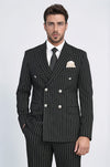 Pinstripe Double Breasted Men’s Black Suit with Silver Button Details - Wessi