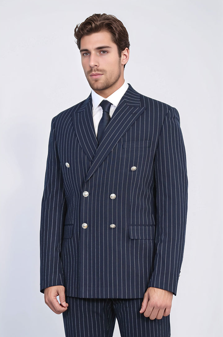 Pinstripe Double Breasted Men’s Navy Blu Suit with Silver Button Details - Wessi