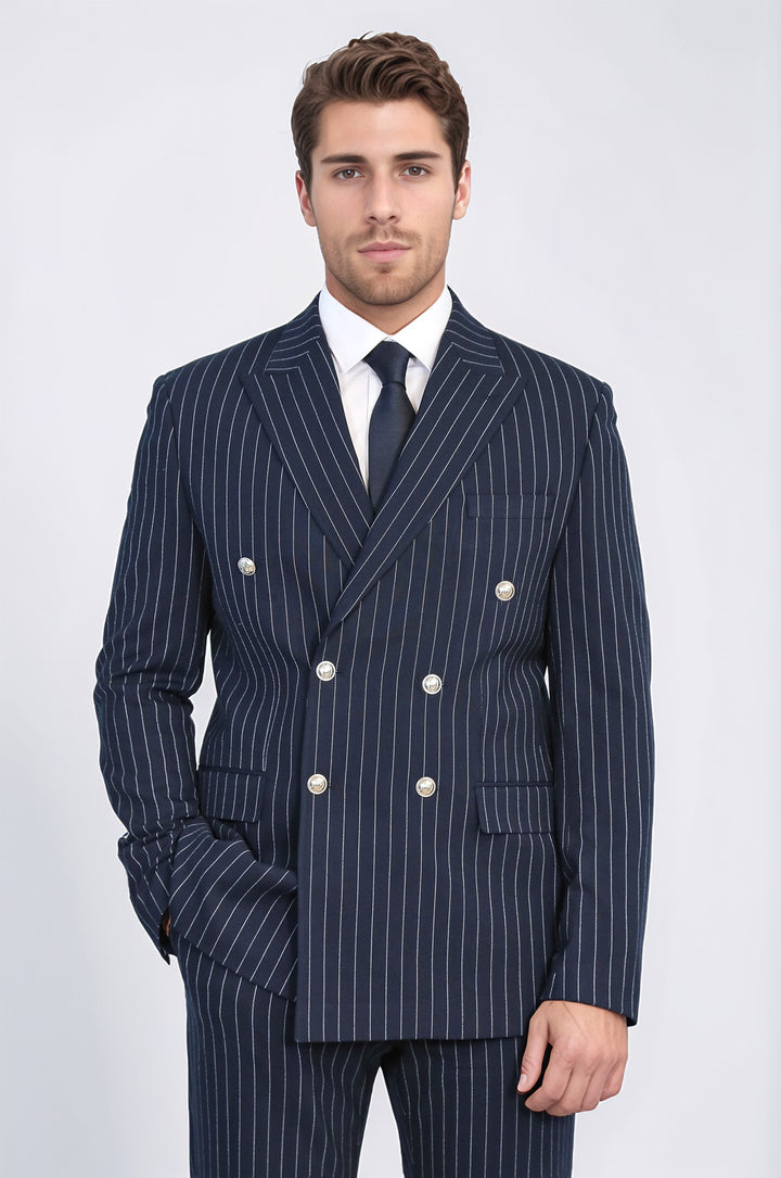 Pinstripe Double Breasted Men’s Navy Blu Suit with Silver Button Details - Wessi
