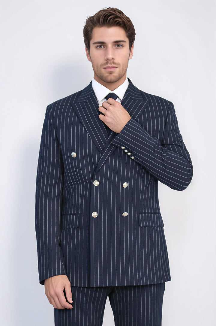 Pinstripe Double Breasted Men’s Navy Blu Suit with Silver Button Details - Wessi
