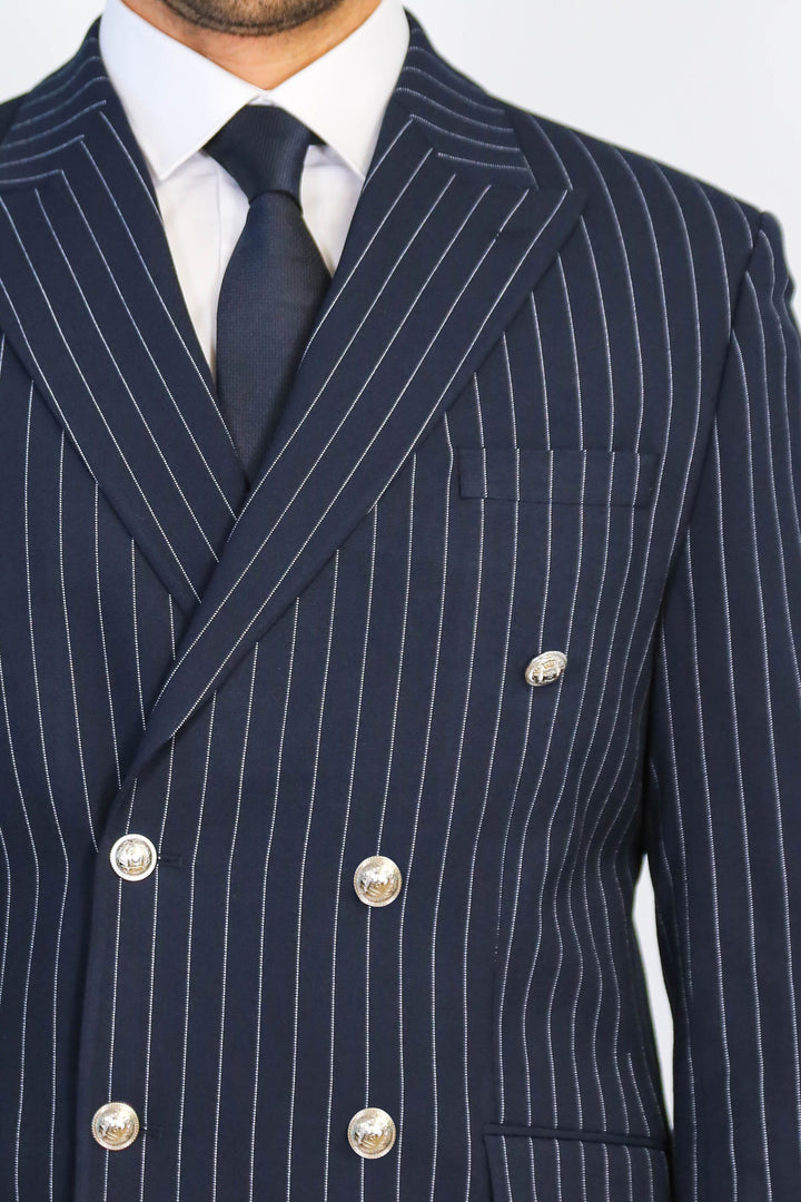 Pinstripe Double Breasted Men’s Navy Blu Suit with Silver Button Details - Wessi