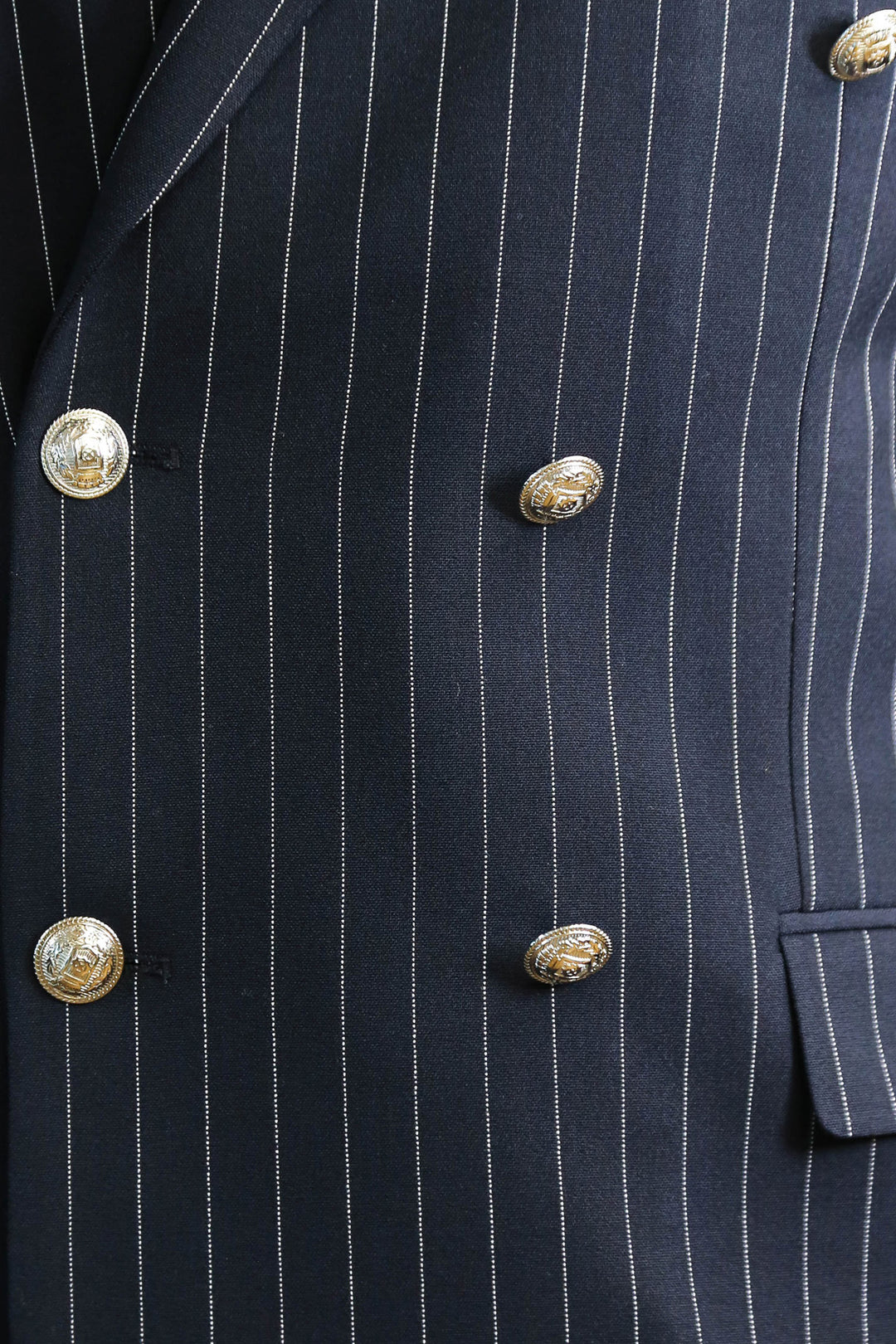 Pinstripe Double Breasted Men’s Navy Blu Suit with Silver Button Details - Wessi