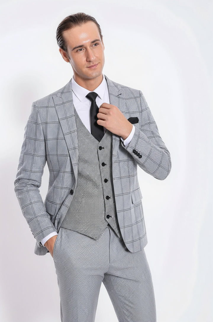 Checked Patterned Slim Fit Grey Men Suit - Wessi