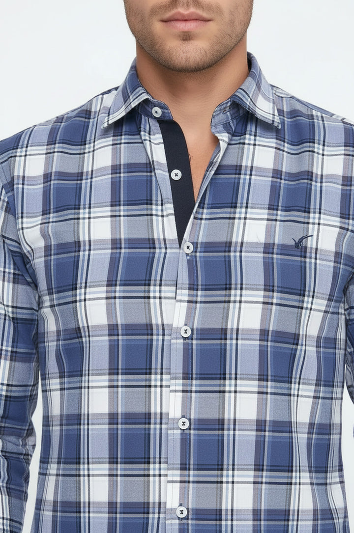 Slim Fit Plaid Patterned Navy Blue Shirt - Wessi