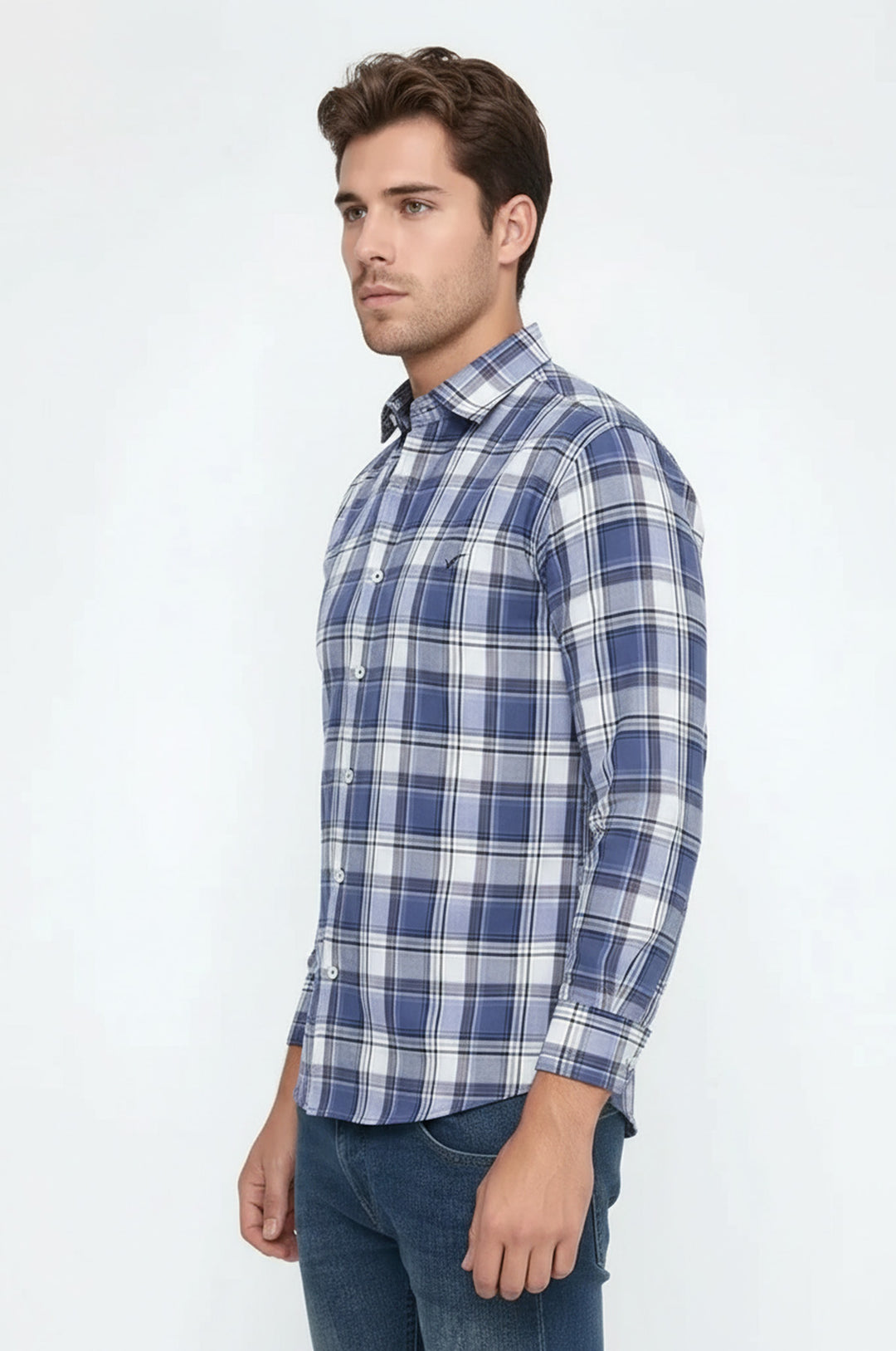 Slim Fit Plaid Patterned Navy Blue Shirt - Wessi