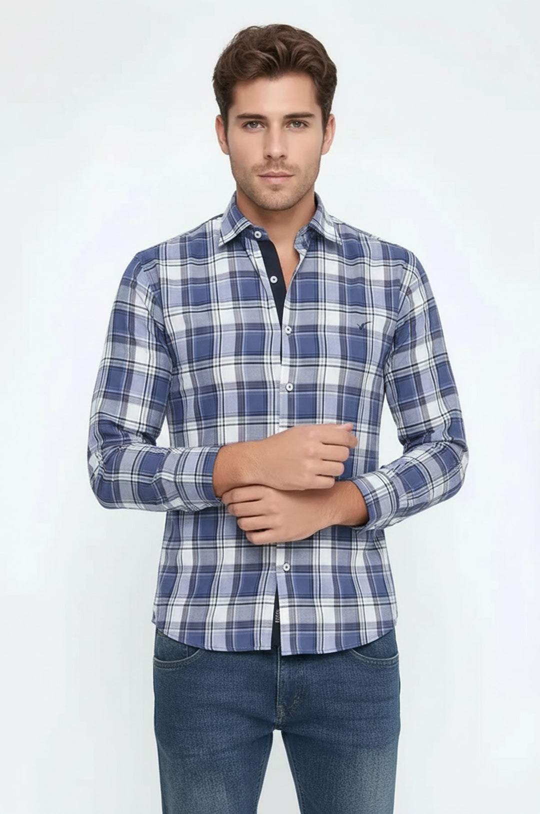 Slim Fit Plaid Patterned Navy Blue Shirt - Wessi