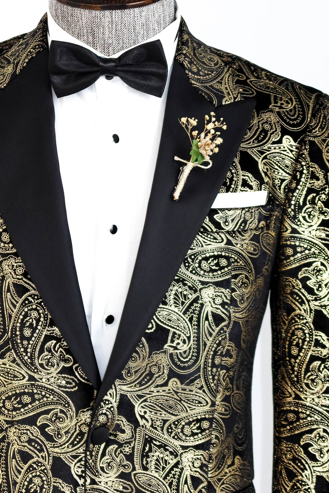 Slim Fit Gold Paisley Patterned Black Men Tuxedo Blazer