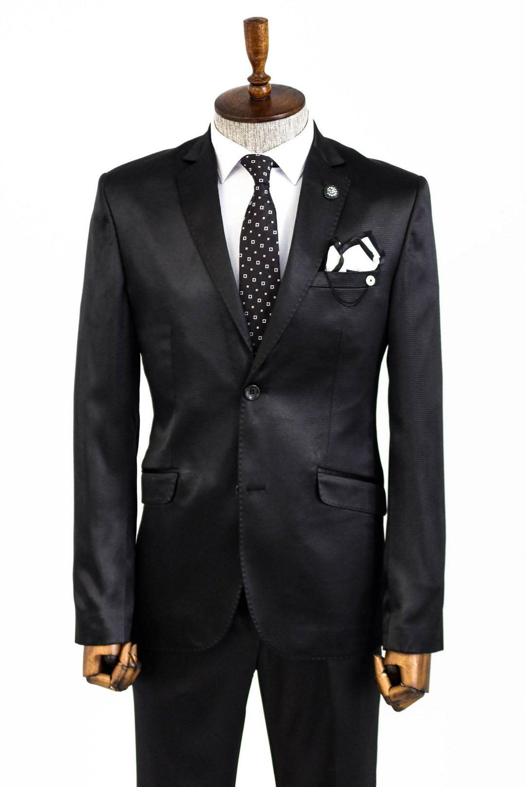 Two Piece Two Buttons Patterned Satin Black Men Suit