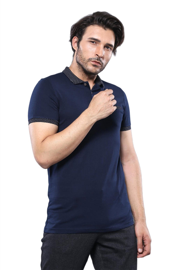 Short Sleeves Neck Patterned Navy Blue Men Polo Shirt