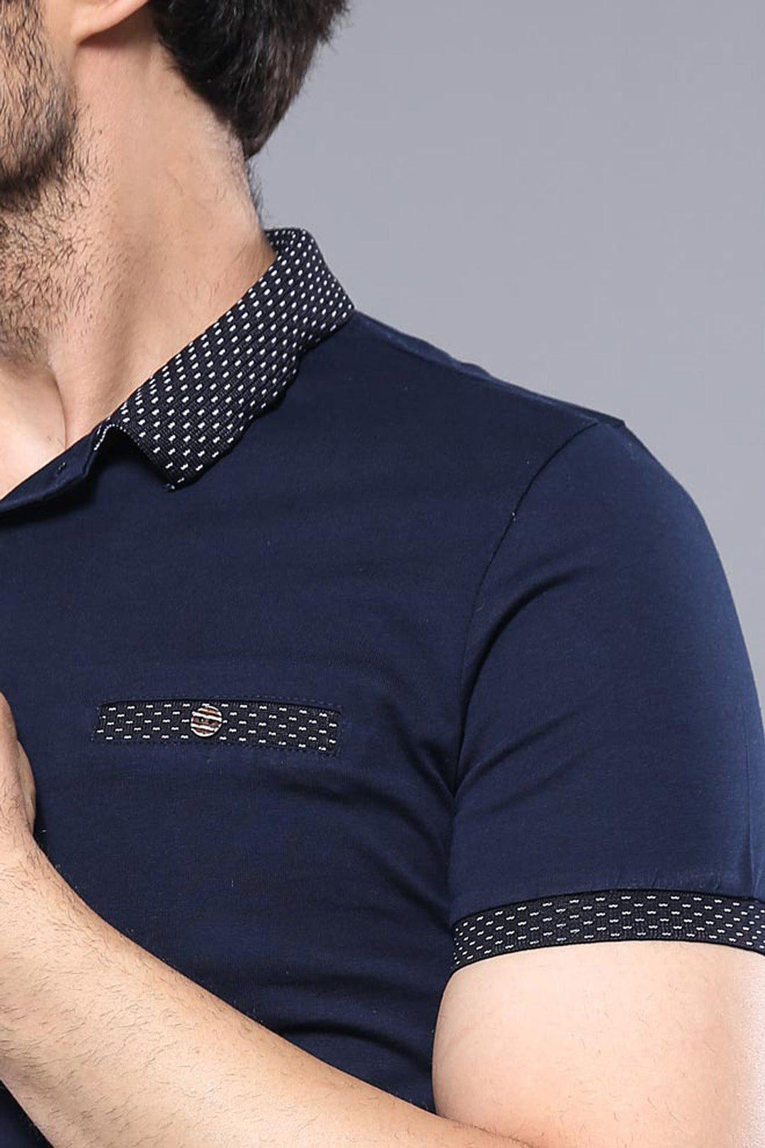 Short Sleeves Neck Patterned Navy Blue Men Polo Shirt