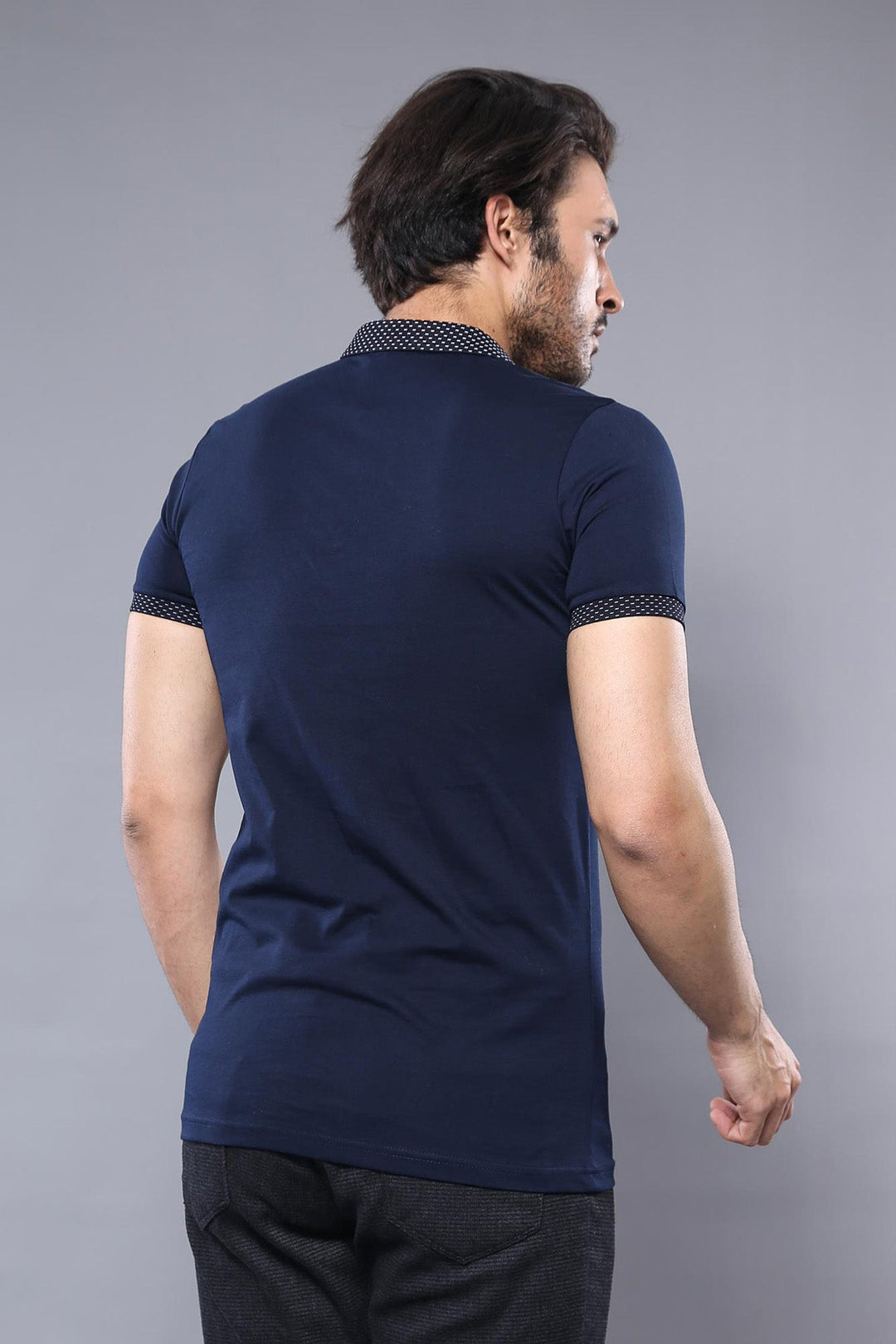 Short Sleeves Neck Patterned Navy Blue Men Polo Shirt