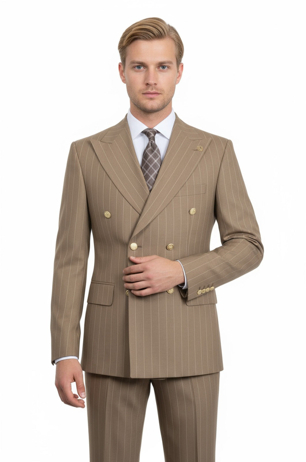 Pinstripe Double Breasted Men’s Camel Suit with Gold Button Details - Wessi