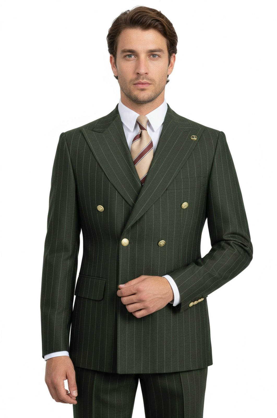 Pinstripe Double Breasted Men’s Olive Green Suit with Gold Button Details - Wessi