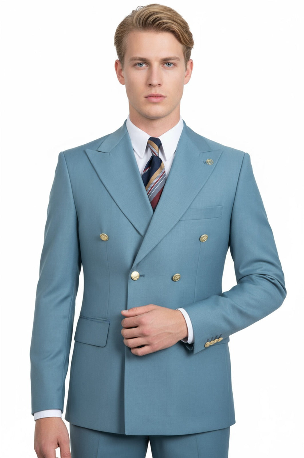 Pinstripe Double Breasted Men’s Sky Blue Suit with Gold Button Details - Wessi