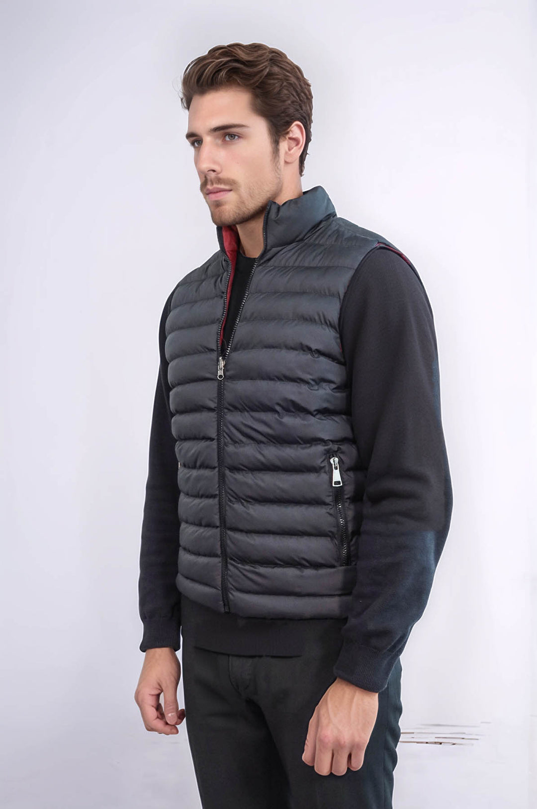 Reversible Quilted Standing Collar Black Men Down Vest - Wessi