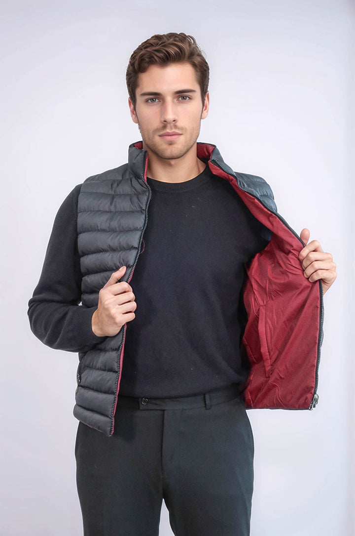 Reversible Quilted Standing Collar Black Men Down Vest - Wessi