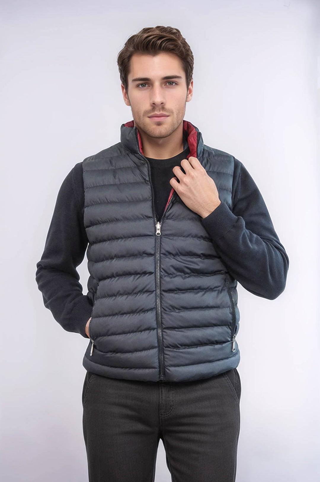 Reversible Quilted Standing Collar Black Men Down Vest - Wessi