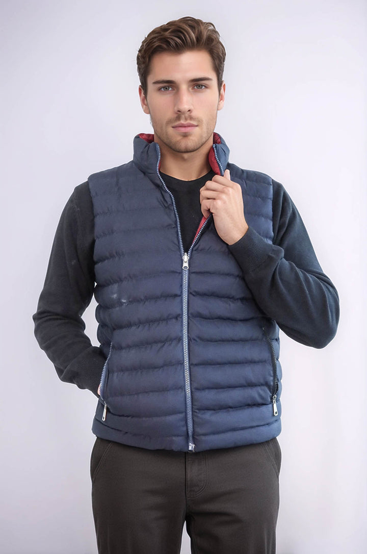 Reversible Quilted Standing Collar Navy Blue Men Down Vest - Wessi