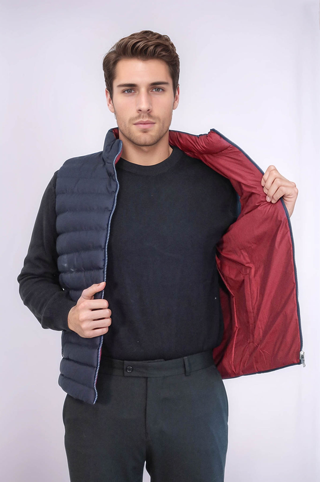 Reversible Quilted Standing Collar Navy Blue Men Down Vest - Wessi