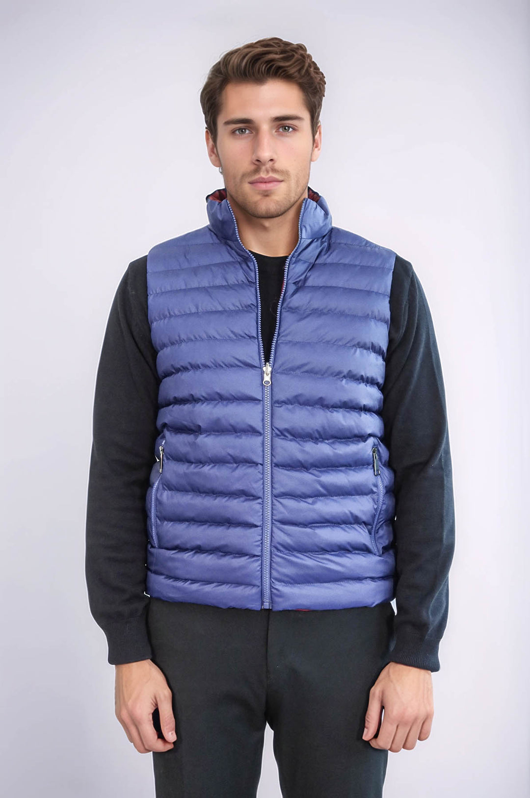 Reversible Quilted Standing Collar Indigo Blue Men Down Vest - Wessi