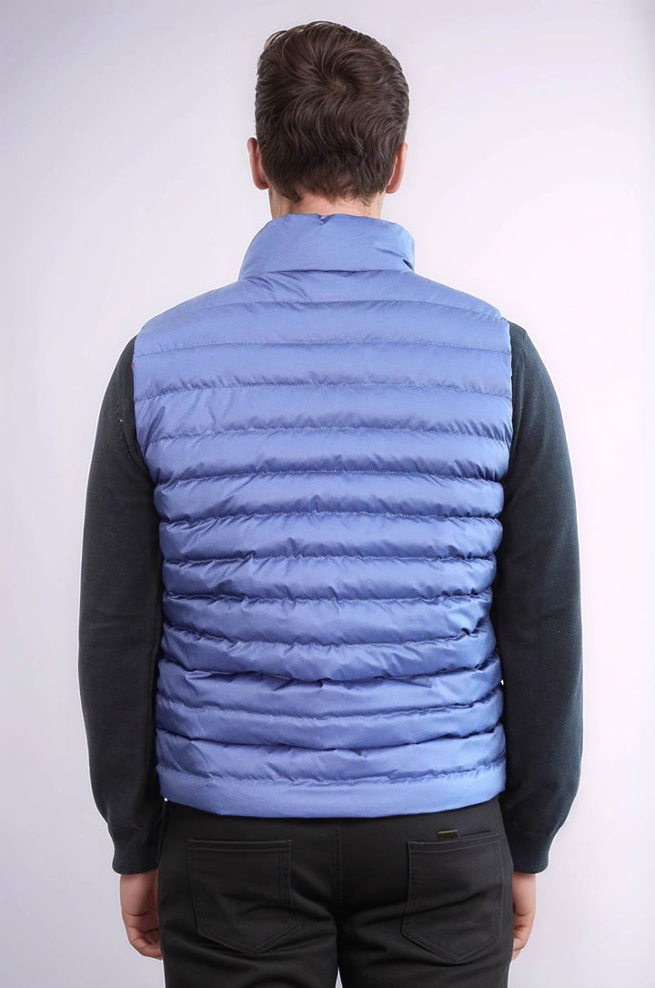 Reversible Quilted Standing Collar Indigo Blue Men Down Vest - Wessi
