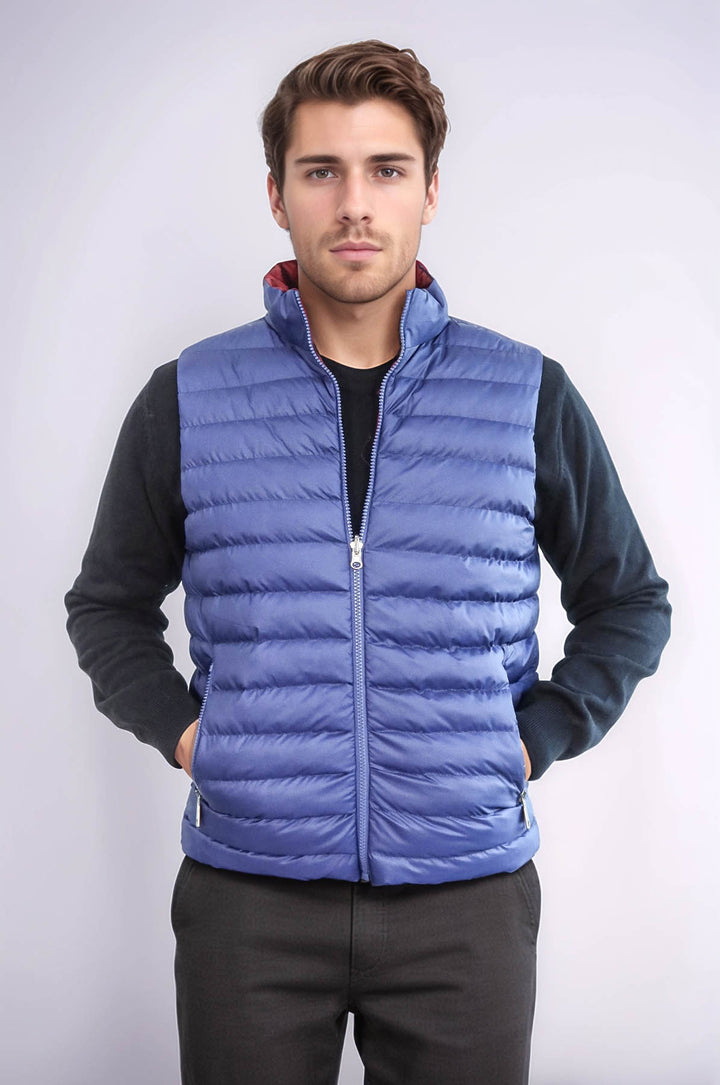 Reversible Quilted Standing Collar Indigo Blue Men Down Vest - Wessi