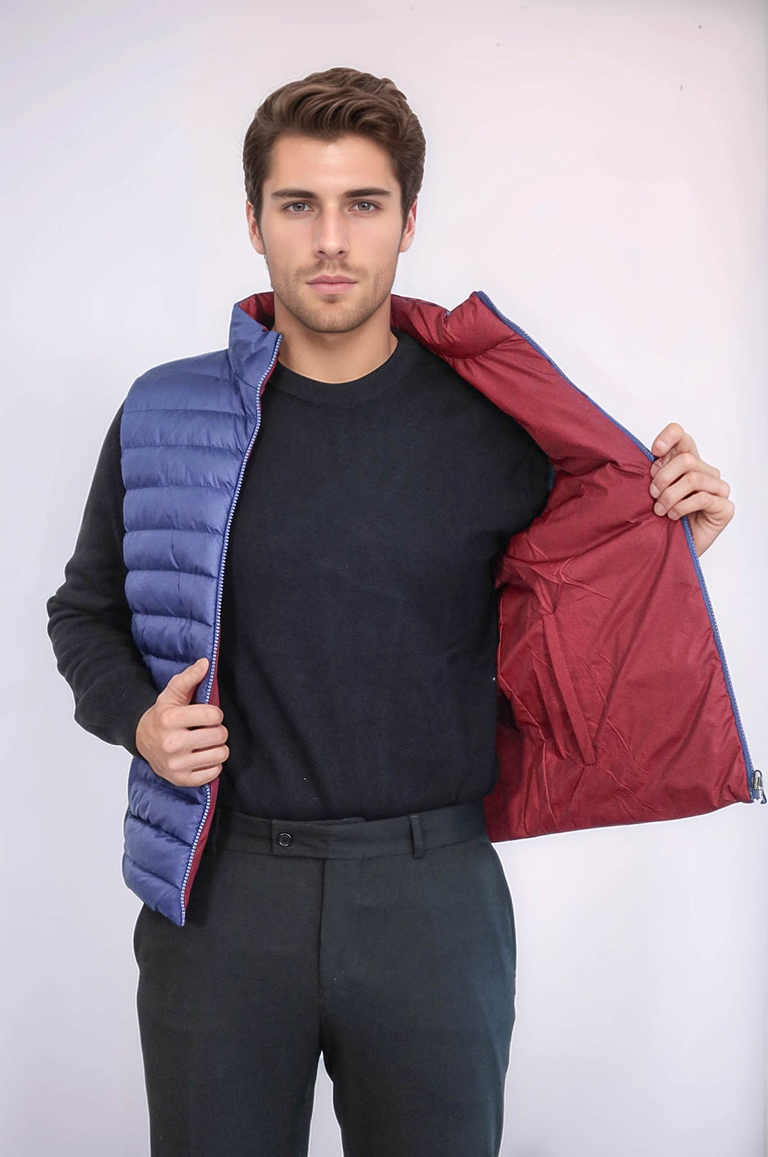 Reversible Quilted Standing Collar Indigo Blue Men Down Vest - Wessi