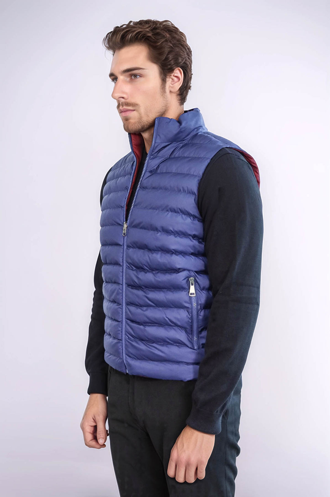 Reversible Quilted Standing Collar Indigo Blue Men Down Vest - Wessi