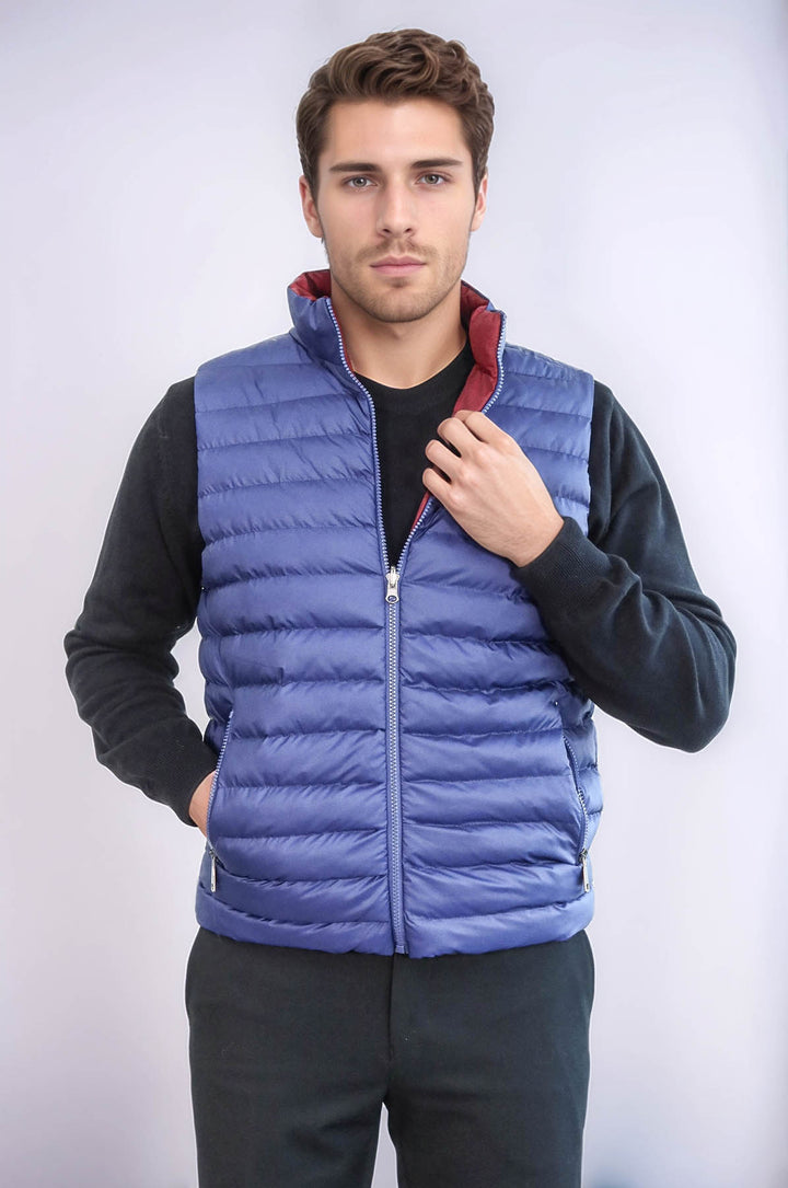 Reversible Quilted Standing Collar Indigo Blue Men Down Vest - Wessi