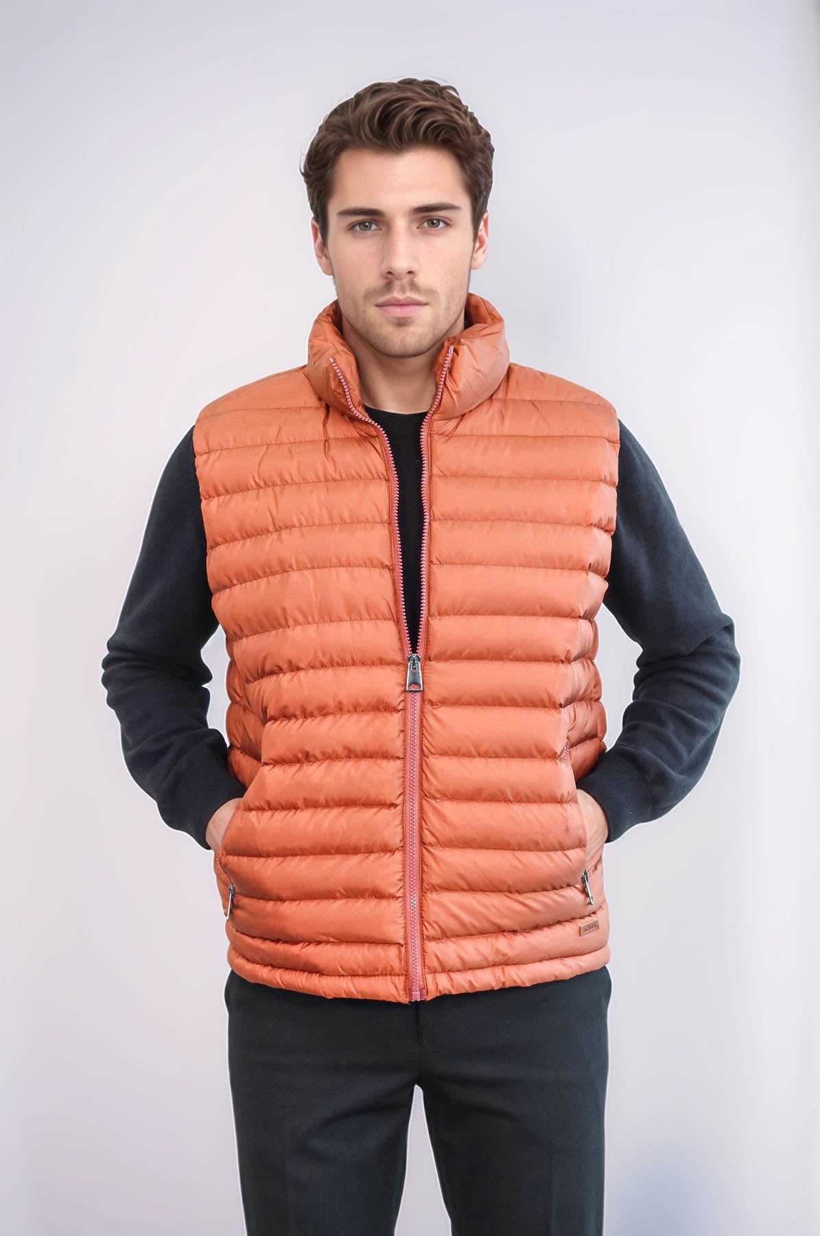 Quilted Zippered Orange Men Down Vest - Wessi – Wessi Wholesale