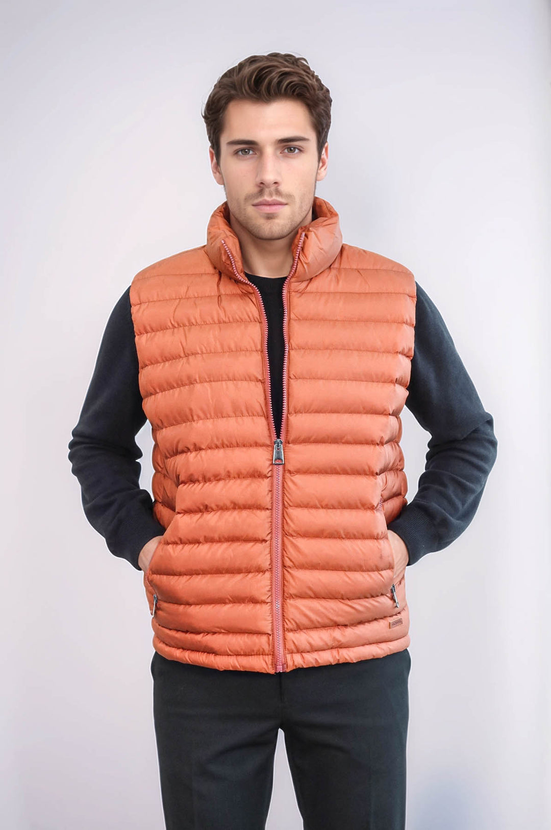 Quilted Zippered Orange Men Down Vest - Wessi