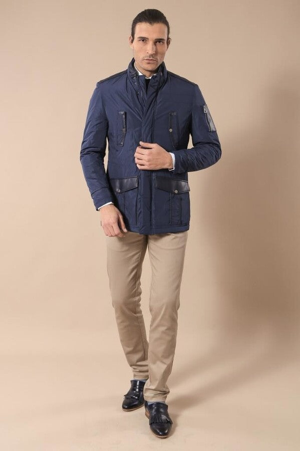 Leather Modeled Blue Slim Fit Quilted Jacket - Wessi