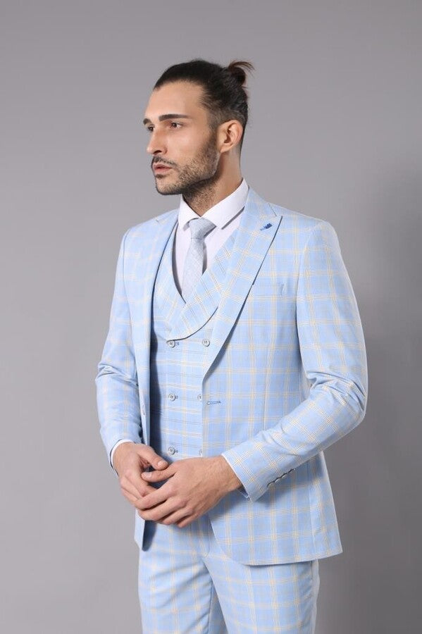 Baby Blue Checked Three Pieces Of Suit | Wessi