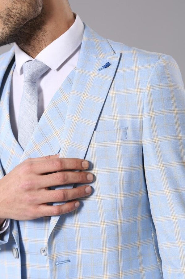 Baby Blue Checked Three Pieces Of Suit | Wessi