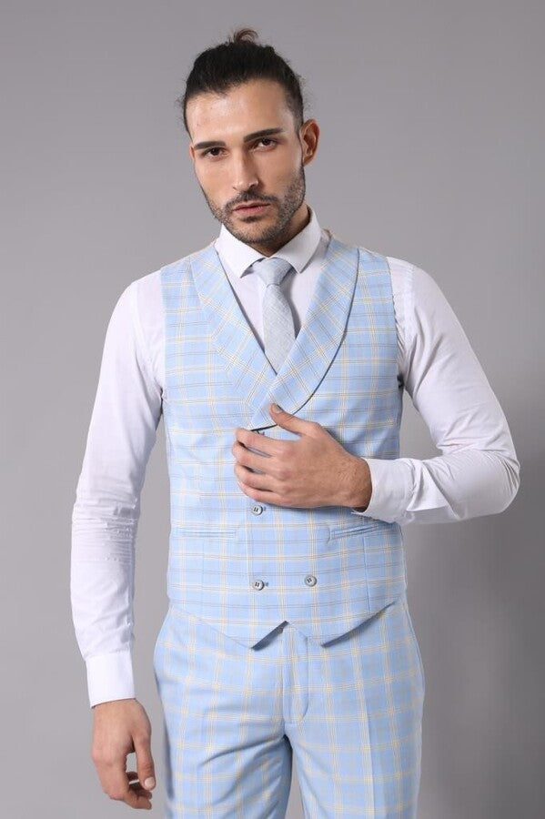 Baby Blue Checked Three Pieces Of Suit | Wessi