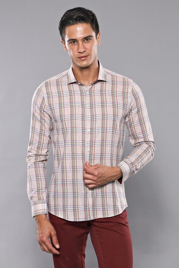 Beige Plaid Slim-Fit Shirt | Wessi - Wessi