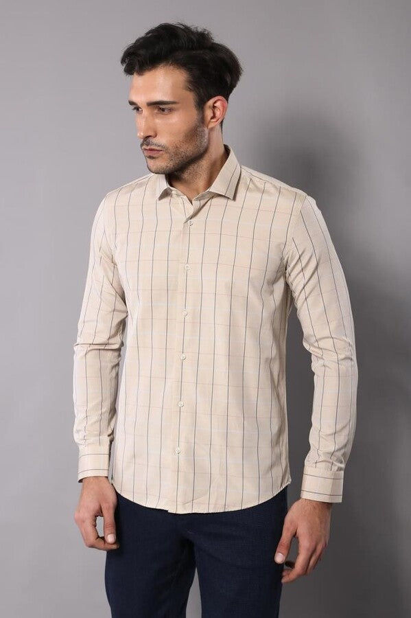 Beige Slim Fit Plaid Men's Shirt | Wessi