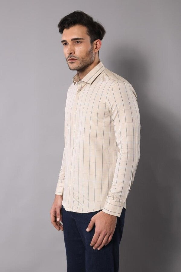 Beige Slim Fit Plaid Men's Shirt | Wessi